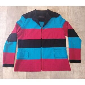 MISOOK Colorblock Open Front Knit Cardigan Jacket Size M Pink Blue Ribbed Career